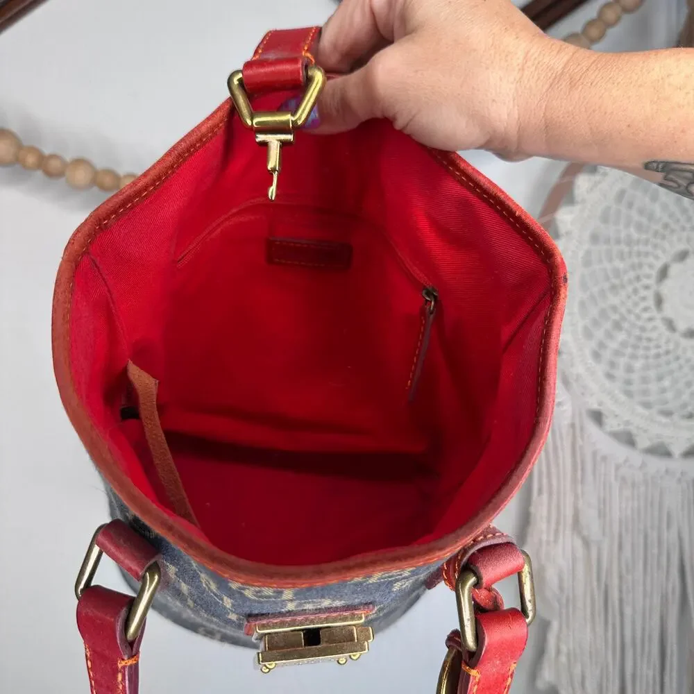 Dooney & Bourke Navy Blue Denim Push Lock Bucket Bag